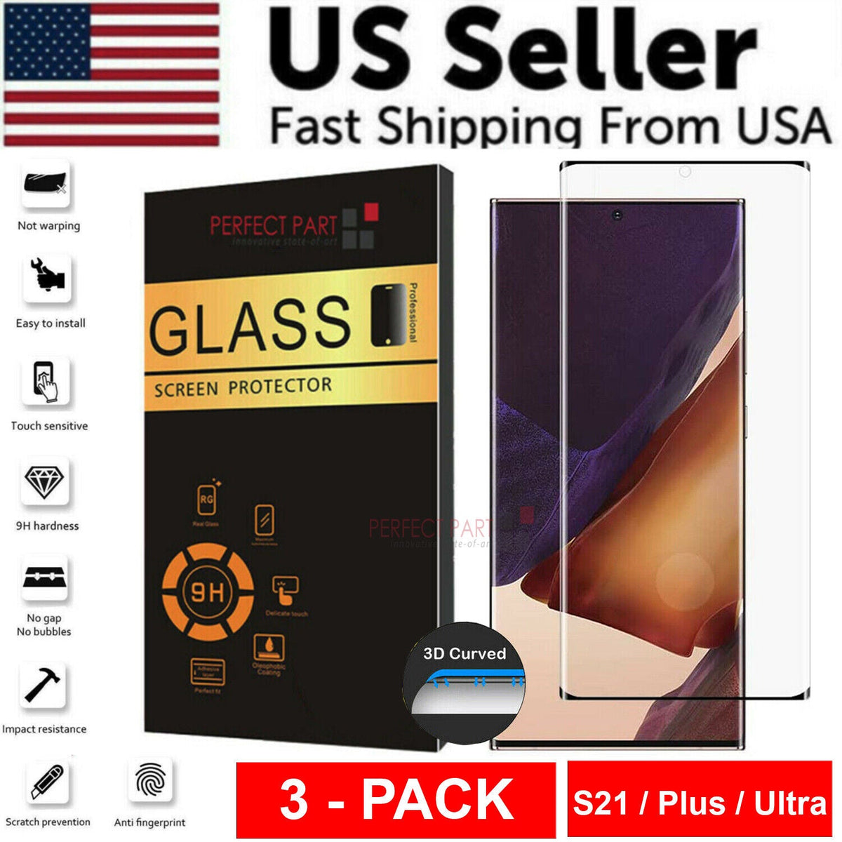 3-Pack Samsung Galaxy S21 Plus & Ultra Tempered Glass Protector Screen Protector Babs