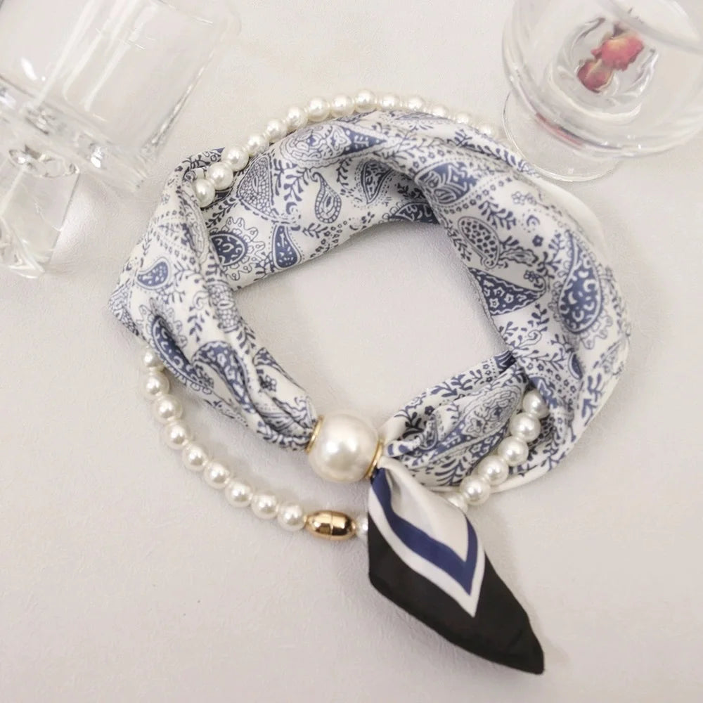Layered Scarf Necklace with Pearl Chain – Boho Bandana Style Scarf Necklace Babs Blue