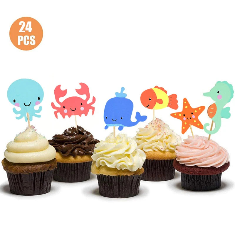 24pcs Ocean Animal Cupcake Toppers | Mermaid Party Cake Flags Cupcake Toppers Babs