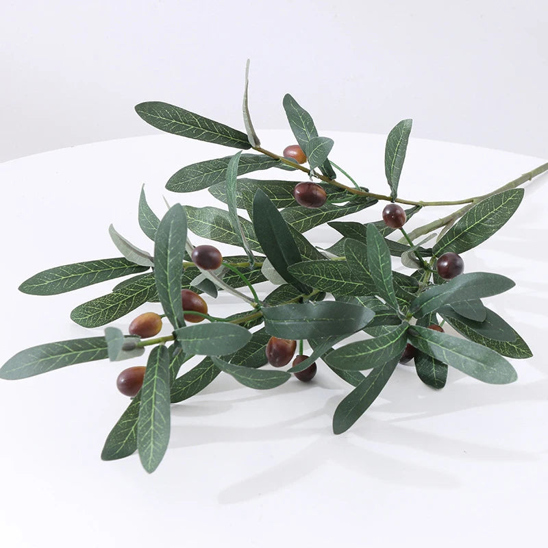 Artificial Olive Branch Green Leaves & Fruit – Faux Silk Decor Artificial Plant Branch Babs army green