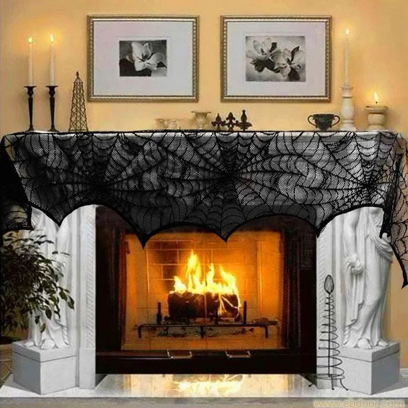 Halloween Lace Spider Web Skull Tablecloth & Mantel Scarf Halloween Table Decoration Babs