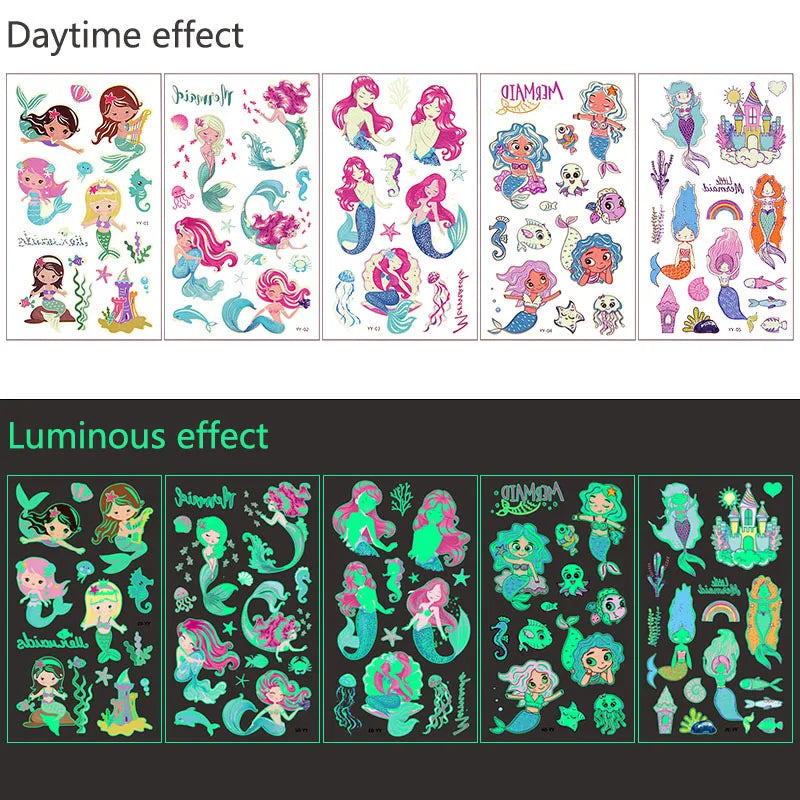Glow in the Dark Kids Temporary Tattoos – Mermaid & Dinosaur 5pk Kids Temporary Tattoos Babs mermaid
