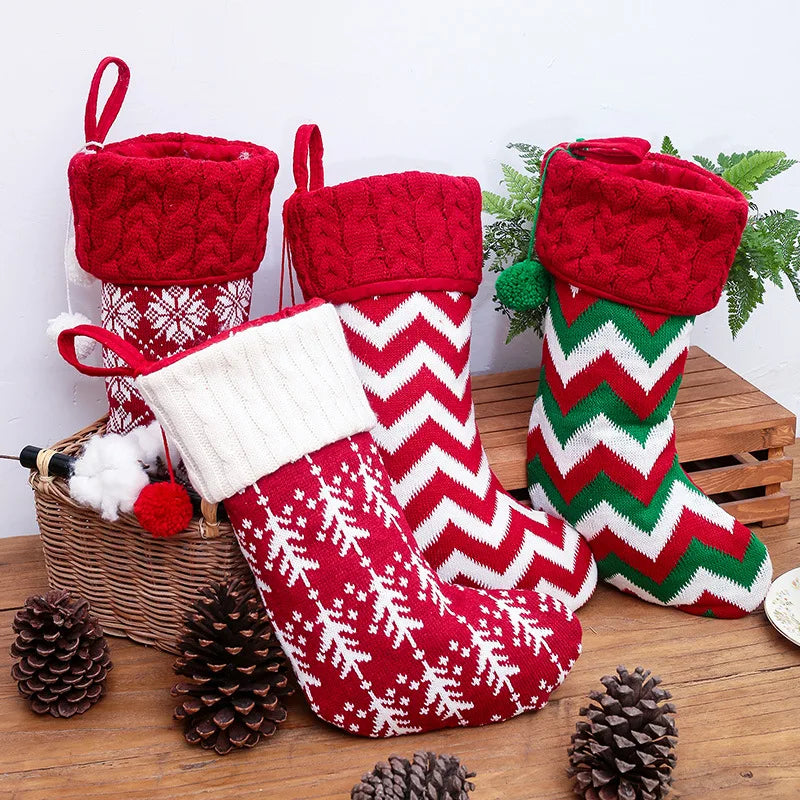 Knitted Christmas Stocking – Fleece Xmas Candy Gift Bag Christmas Stocking Babs