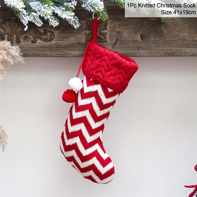 Knitted Christmas Stocking – Fleece Xmas Candy Gift Bag Christmas Stocking Babs C