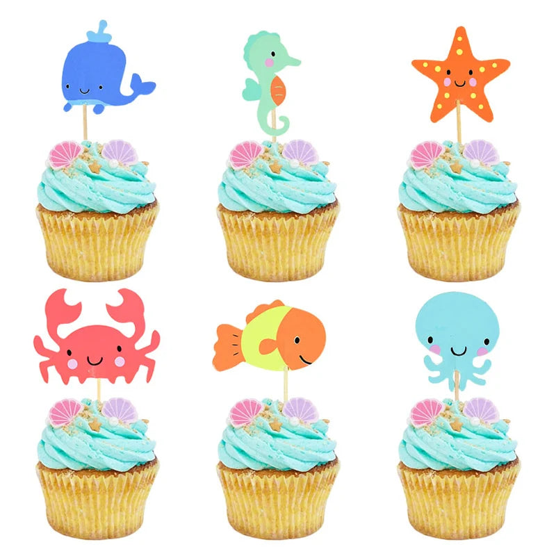 24pcs Ocean Animal Cupcake Toppers | Mermaid Party Cake Flags Cupcake Toppers Babs