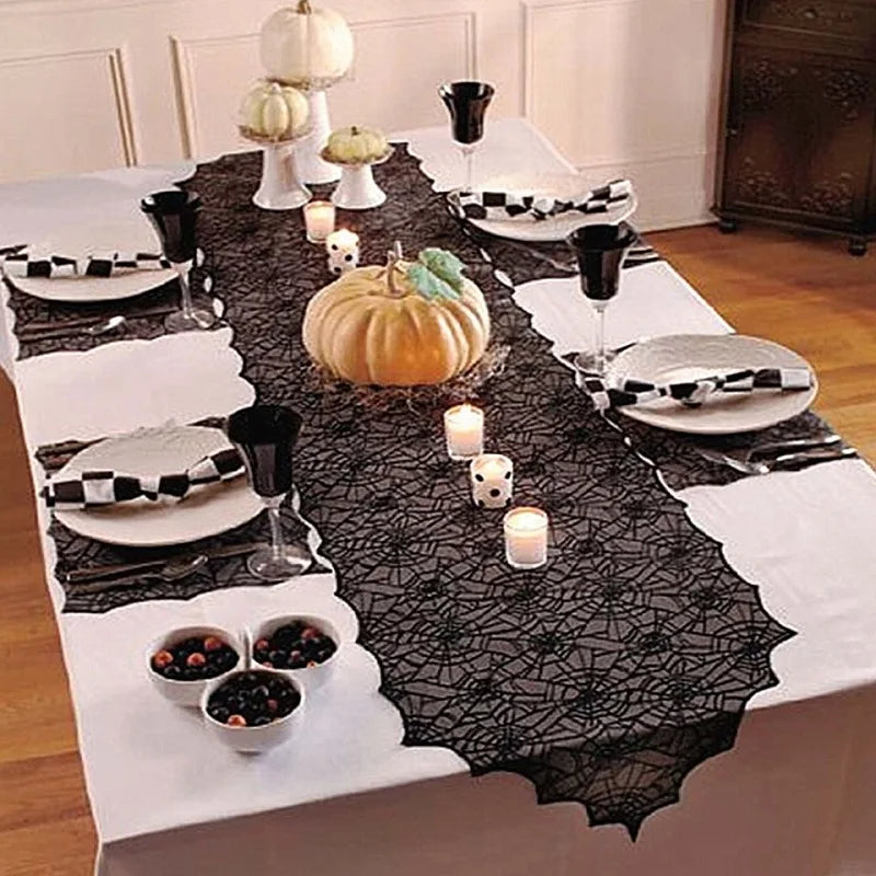 Halloween Lace Spider Web Skull Tablecloth & Mantel Scarf Halloween Table Decoration Babs
