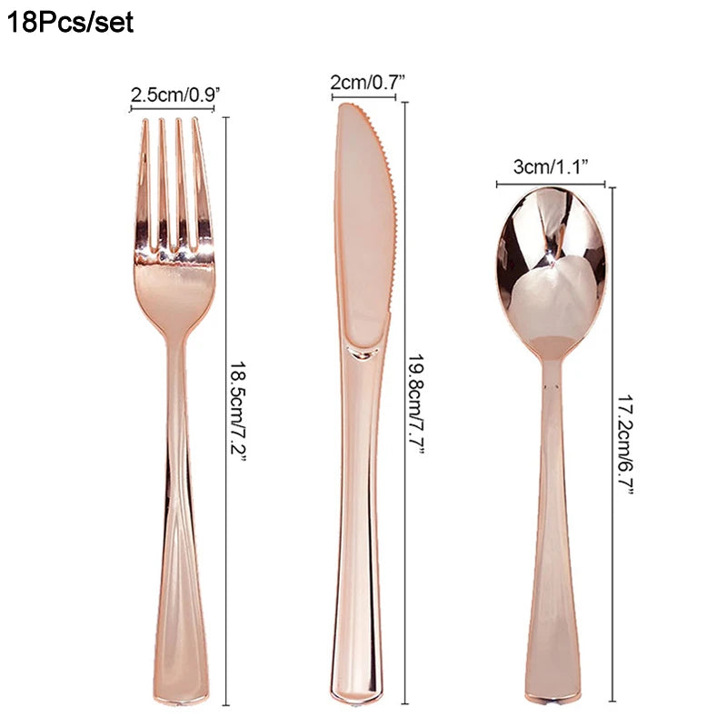 18Pcs Rose Gold Disposable Cutlery Set | Party Knives Forks Spoons Disposable Cutlery Set Babs rose gold set