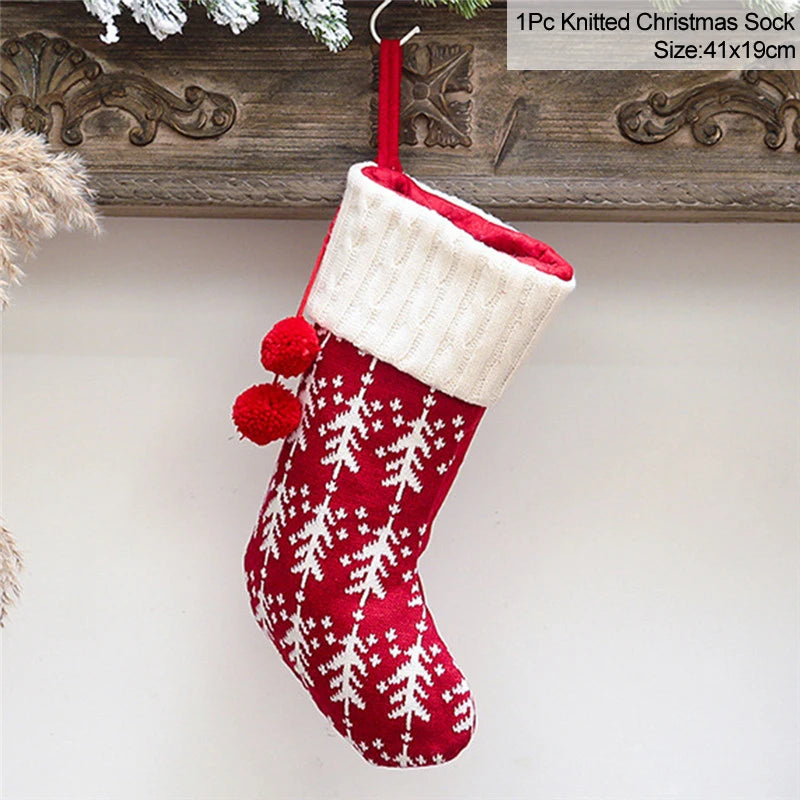 Knitted Christmas Stocking – Fleece Xmas Candy Gift Bag Christmas Stocking Babs A