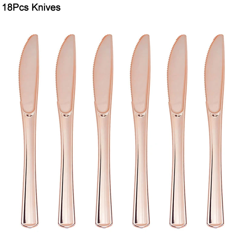 18Pcs Rose Gold Disposable Cutlery Set | Party Knives Forks Spoons Disposable Cutlery Set Babs rose gold knives