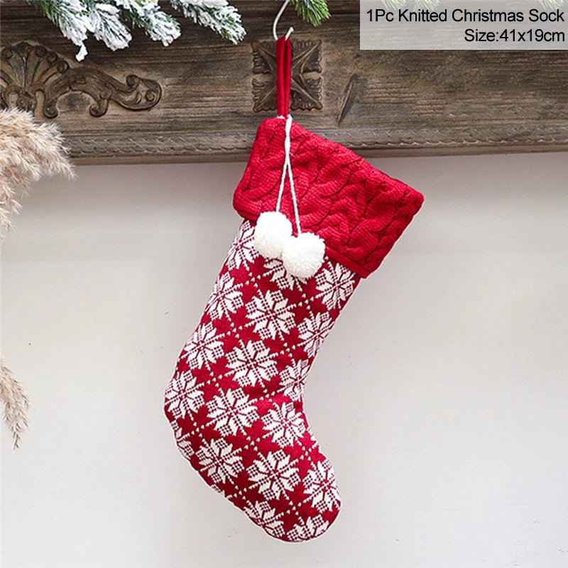 Knitted Christmas Stocking – Fleece Xmas Candy Gift Bag Christmas Stocking Babs E