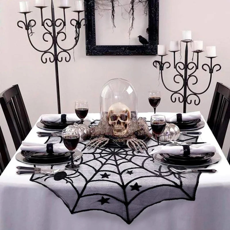 Halloween Lace Spider Web Skull Tablecloth & Mantel Scarf Halloween Table Decoration Babs