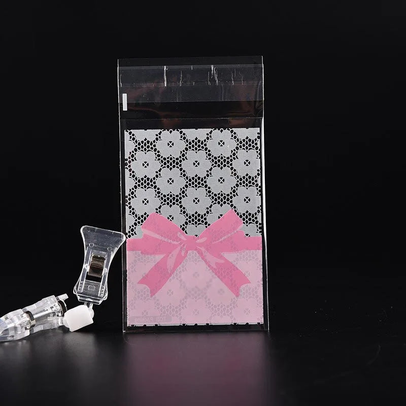 50PCS Flower Lace Bow Self-Adhesive Cookie & Candy Bags 7x10cm Treat Packaging Bags Babs