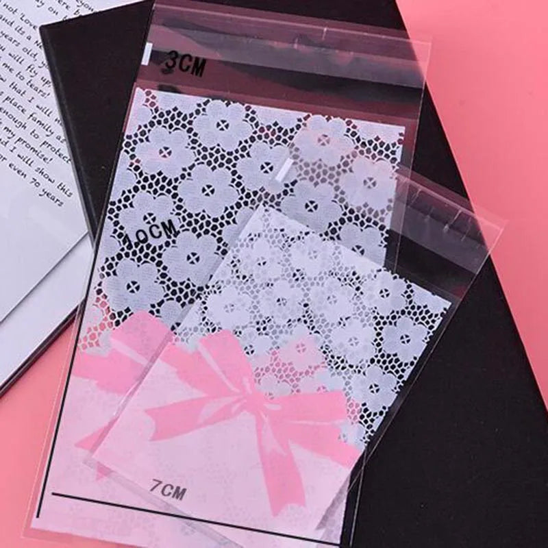 50PCS Flower Lace Bow Self-Adhesive Cookie & Candy Bags 7x10cm Treat Packaging Bags Babs