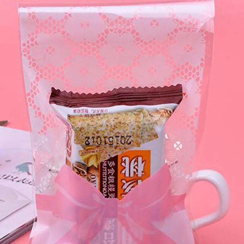 50PCS Flower Lace Bow Self-Adhesive Cookie & Candy Bags 7x10cm Treat Packaging Bags Babs