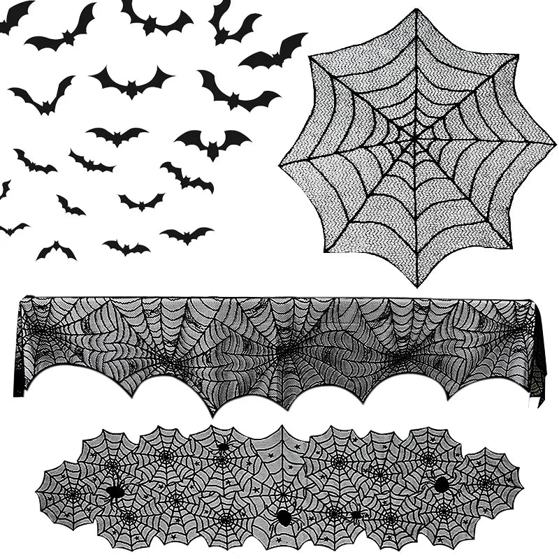Halloween Lace Spider Web Skull Tablecloth & Mantel Scarf Halloween Table Decoration Babs