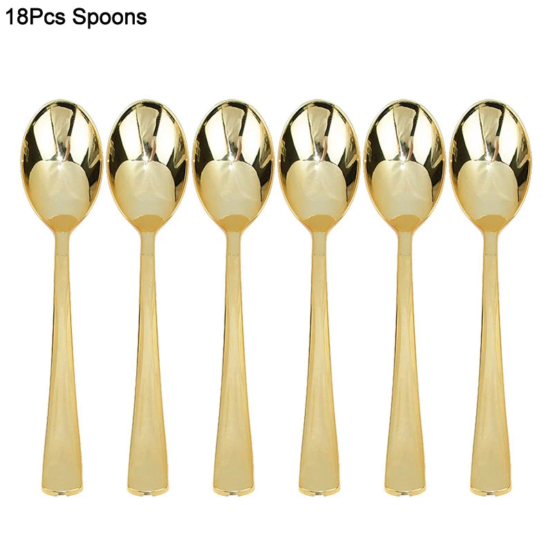 18Pcs Rose Gold Disposable Cutlery Set | Party Knives Forks Spoons Disposable Cutlery Set Babs gold spoons