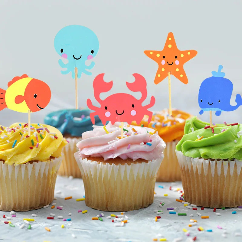 24pcs Ocean Animal Cupcake Toppers | Mermaid Party Cake Flags Cupcake Toppers Babs