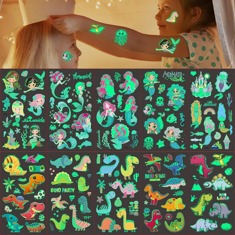 Glow in the Dark Kids Temporary Tattoos – Mermaid & Dinosaur 5pk Kids Temporary Tattoos Babs