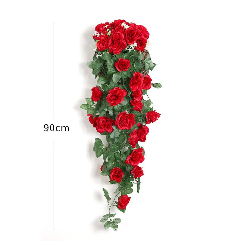 Artificial Silk Rose Wreath – Wall Hanging Floral Home Decor Decorative Floral Wreath Babs red