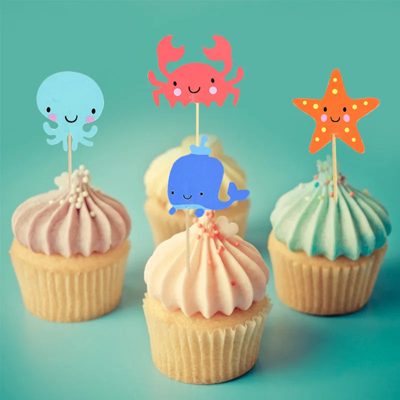 24pcs Ocean Animal Cupcake Toppers | Mermaid Party Cake Flags Cupcake Toppers Babs