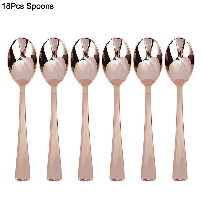 18Pcs Rose Gold Disposable Cutlery Set | Party Knives Forks Spoons Disposable Cutlery Set Babs rose gold spoons