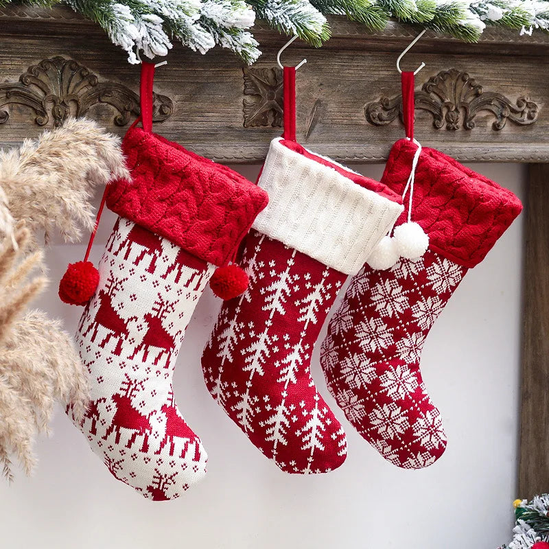 Knitted Christmas Stocking – Fleece Xmas Candy Gift Bag Christmas Stocking Babs