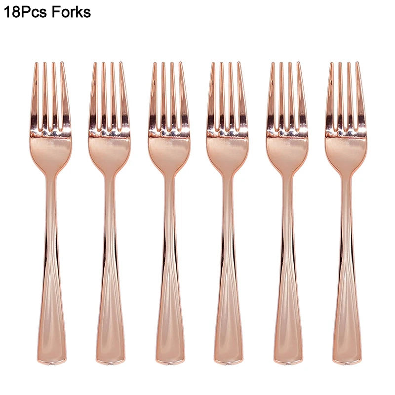 18Pcs Rose Gold Disposable Cutlery Set | Party Knives Forks Spoons Disposable Cutlery Set Babs rose gold forks