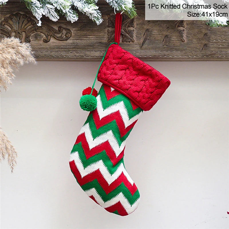 Knitted Christmas Stocking – Fleece Xmas Candy Gift Bag Christmas Stocking Babs D