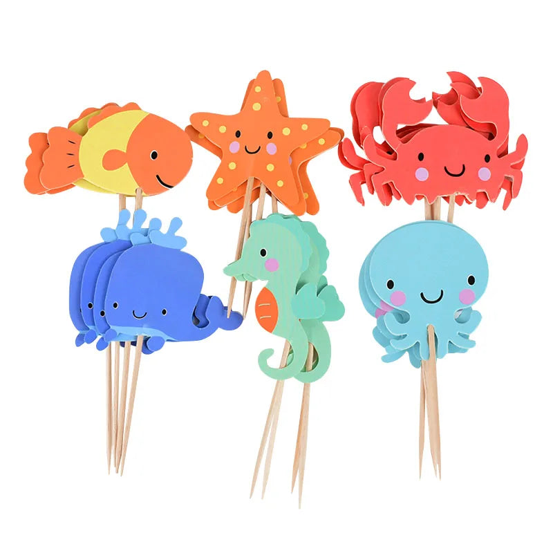 24pcs Ocean Animal Cupcake Toppers | Mermaid Party Cake Flags Cupcake Toppers Babs 24pcs