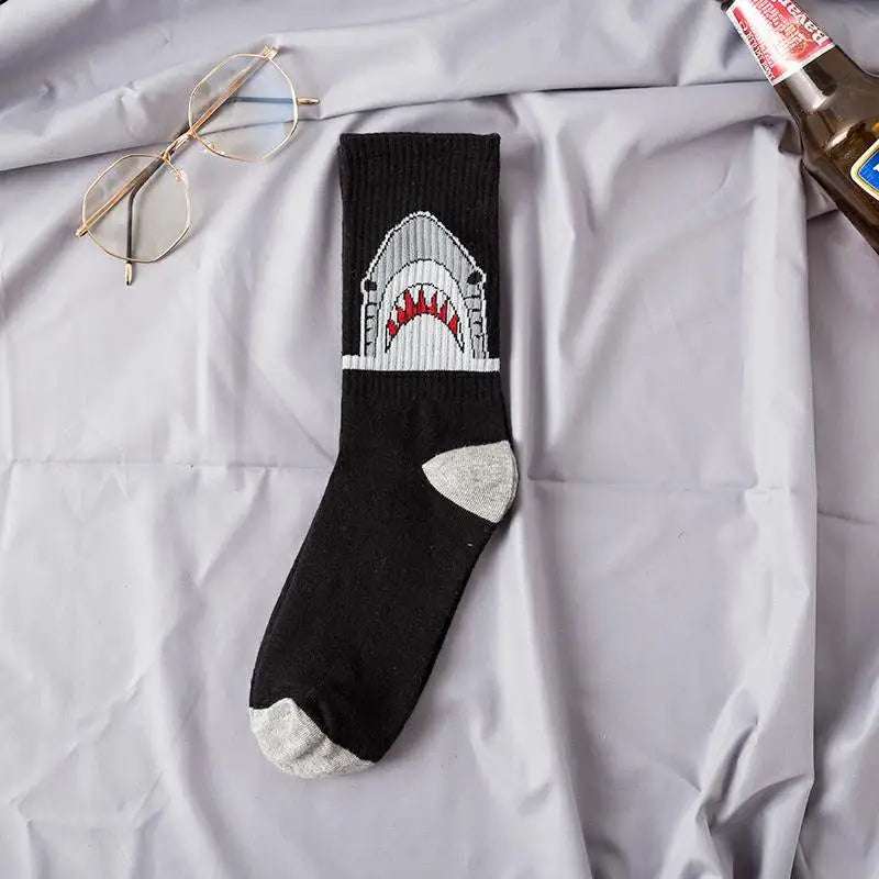 Shark Hip Hop Crew Socks – Men's Cartoon Skateboard Style Men's Crew Socks Babs Black