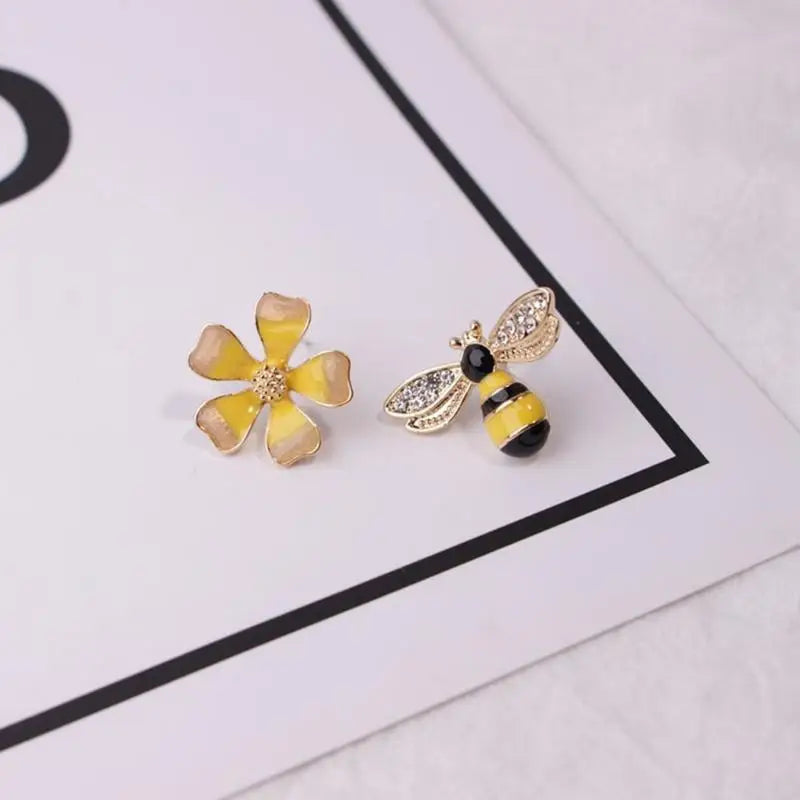 Flower & Bee Asymmetric Zircon Stud Earrings | Fashion Jewelry Zircon Stud Earrings Babs