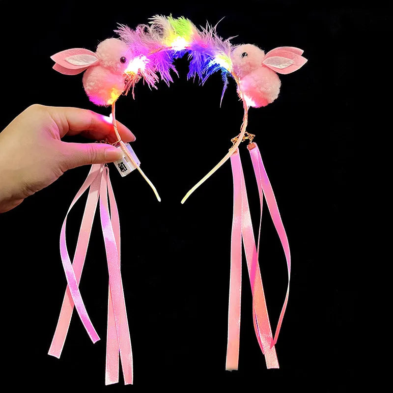LED Light-Up Rabbit Headband | Feather Tassel Party Accessory LED Party Headband Babs pink
