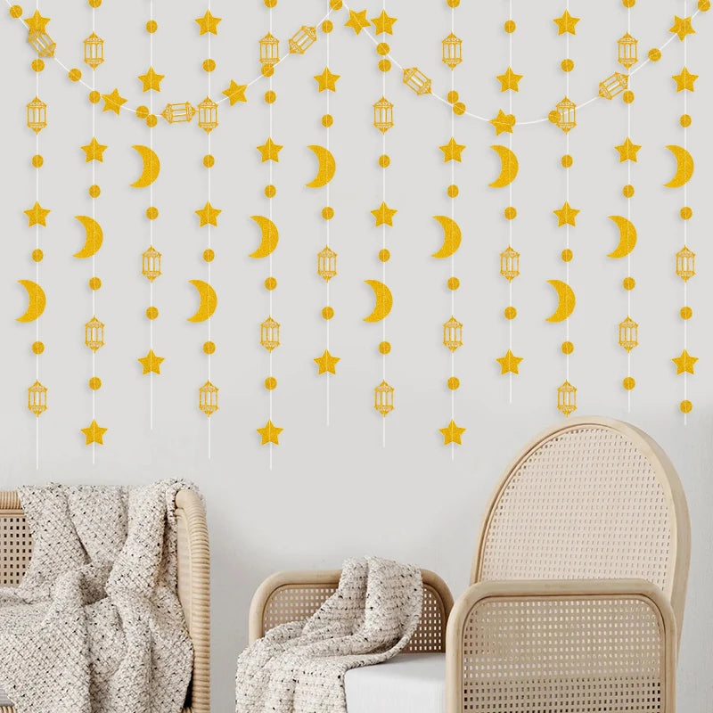 Star Moon Paper Banner Garland – Eid Mubarak Ramadan Decor Party Banner Garland Babs