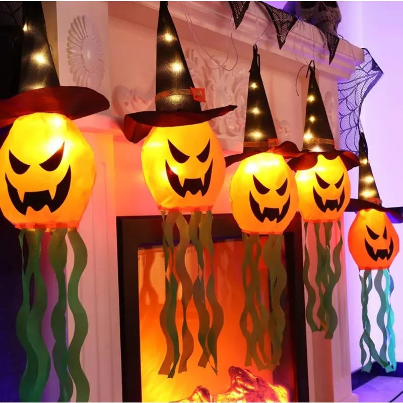 Halloween LED Ghost Hat Lantern & Pumpkin Flashing Light Decor Halloween Hanging Lantern Babs