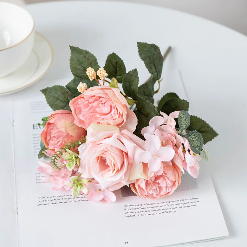 Artificial Silk Rose Hydrangea Peony Bouquet – Home & Wedding Artificial Flower Bouquet Babs Pink 1 pc