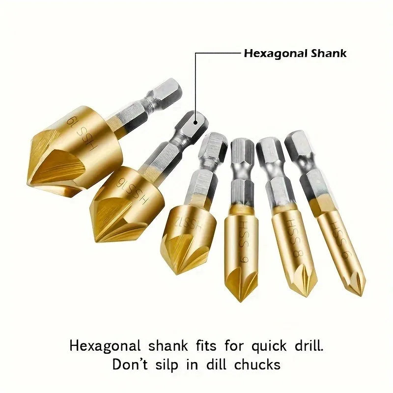 6PC Titanium HSS 5-Blade Countersink Drill Bit Set – Hex Shank Countersink Drill Bit Set Babs