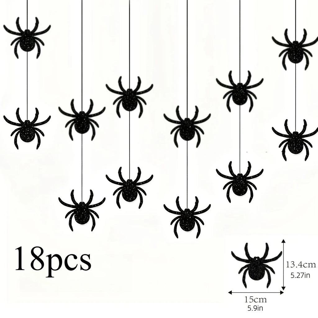18pcs Halloween Glitter Black Spider Hanging Decorations Halloween Hanging Decor Babs 18pcs