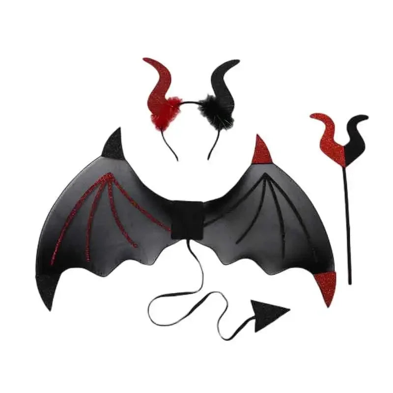 Devil Costume Set – Wings, Tail, Horn Headband & Fork Costume Accessory Set Babs red and black