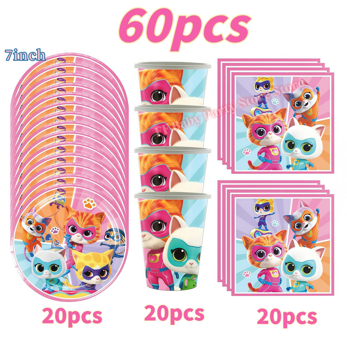 Cat Kitty Birthday Party Supplies – Plates, Cups & Balloons Set Party Supply Kit Babs 60pcs