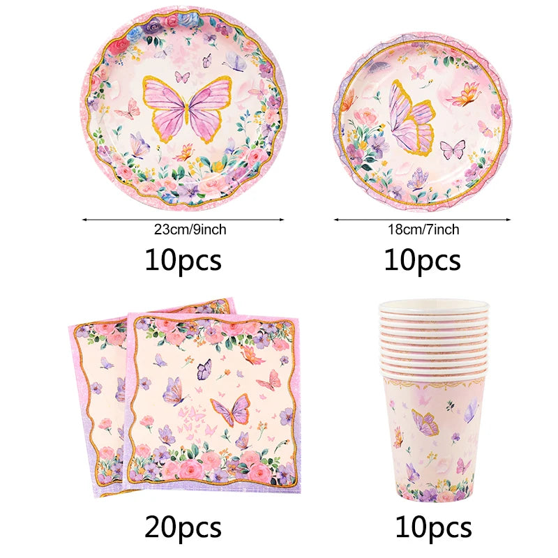 Pink Butterfly Party Tableware Set – Plates, Cups & Tablecloth Disposable Party Tableware Babs