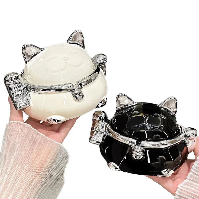 Lucky Cat Ceramic Ashtray with Lid – Modern Home Décor Decorative Ashtray Babs