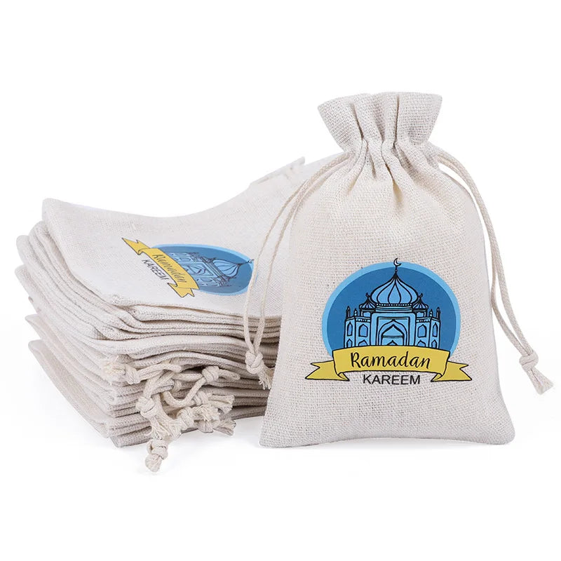 10Pcs Ramadan Linen Drawstring Gift Bags – Eid Mubarak Party Holiday Gift Bags Babs D 15x10cm