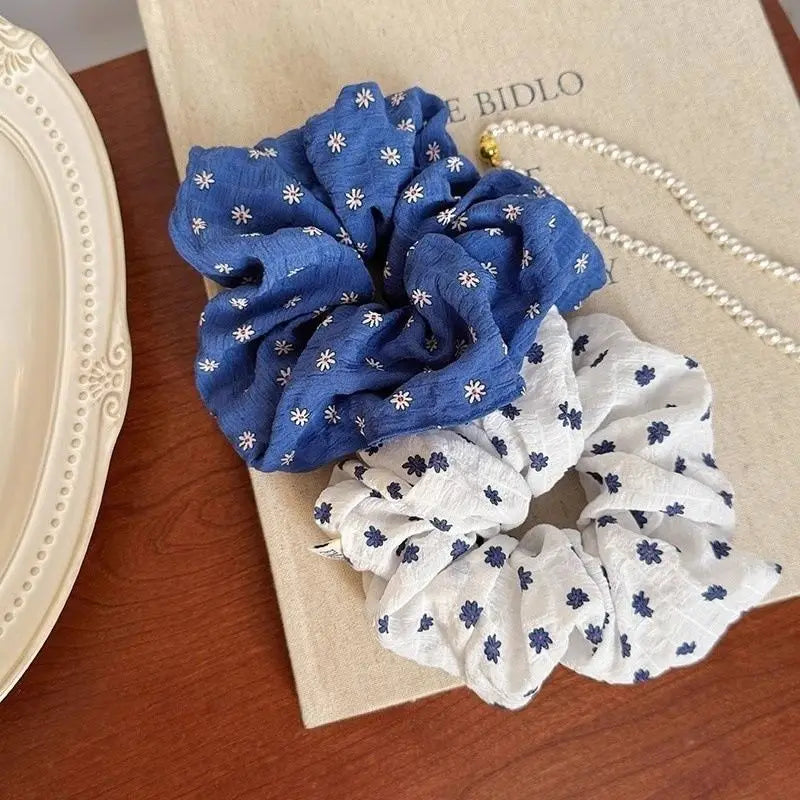 Korean Floral Hair Scrunchies – Blue & White Elastic Hair Ties Hair Scrunchies Babs