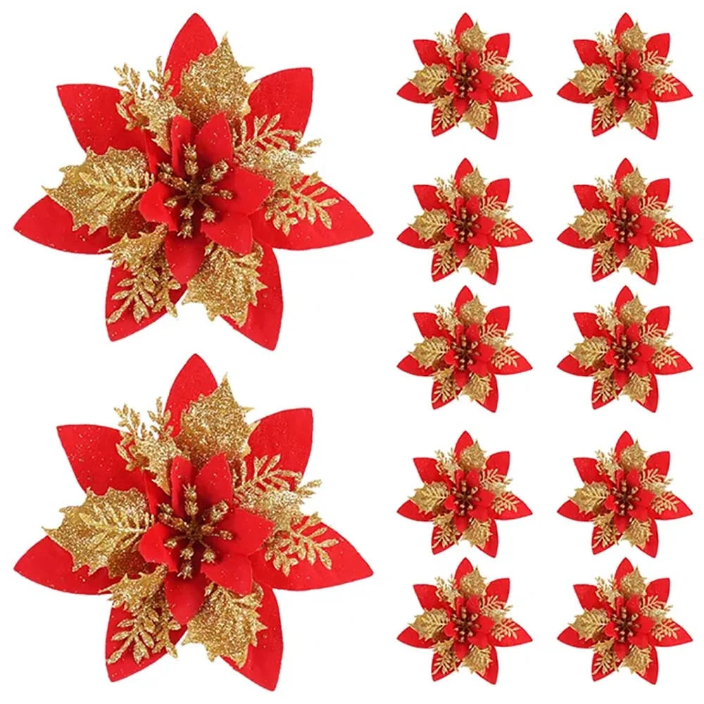 Christmas Glitter Flower Ornaments Pink Red Gold 5/10pcs Christmas Tree Ornaments Babs Red Gold 20Pcs