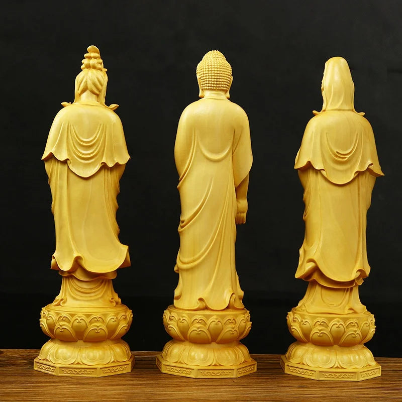 Hand-Carved Boxwood Guanyin Buddha Statue Set – 3 Holy Figures Wood Carved Statue Babs
