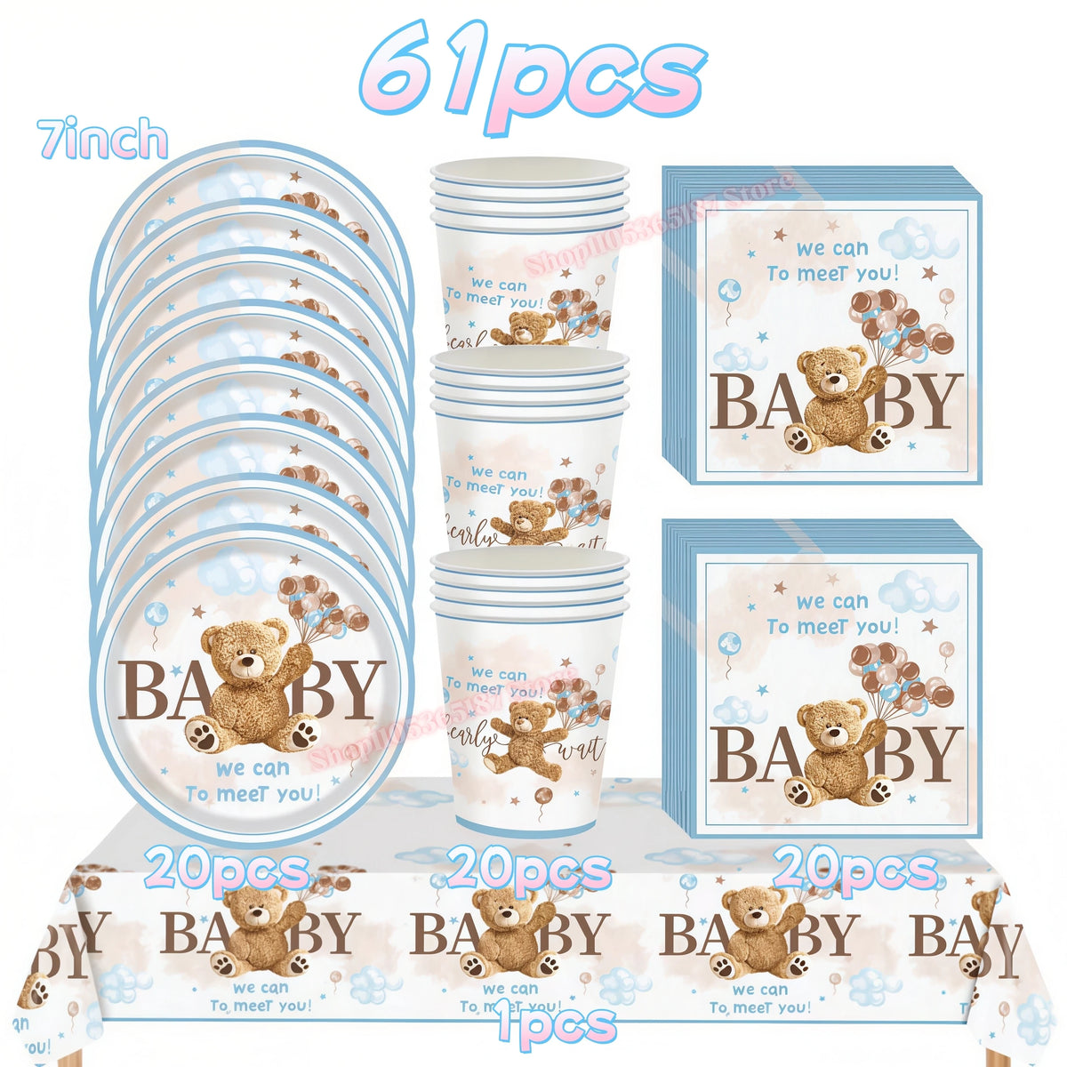 Bear Birthday Party Decoration Set – Plates, Napkins & Banner Party Decoration Set Babs 61pcs 1 others