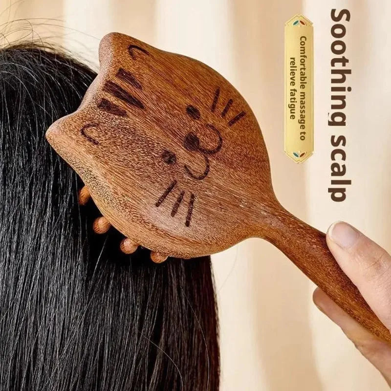 Cute Cat Sandalwood Detangling Comb – Scalp Massage Wide Tooth Hair Massage Comb Babs