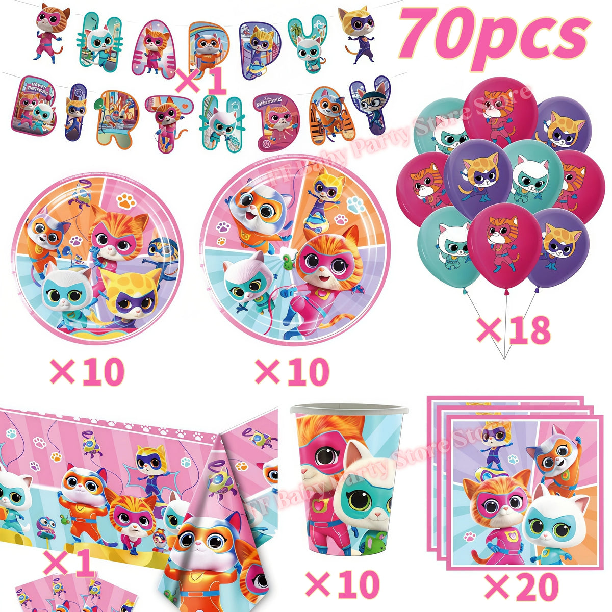 Cat Kitty Birthday Party Supplies – Plates, Cups & Balloons Set Party Supply Kit Babs 70pcs