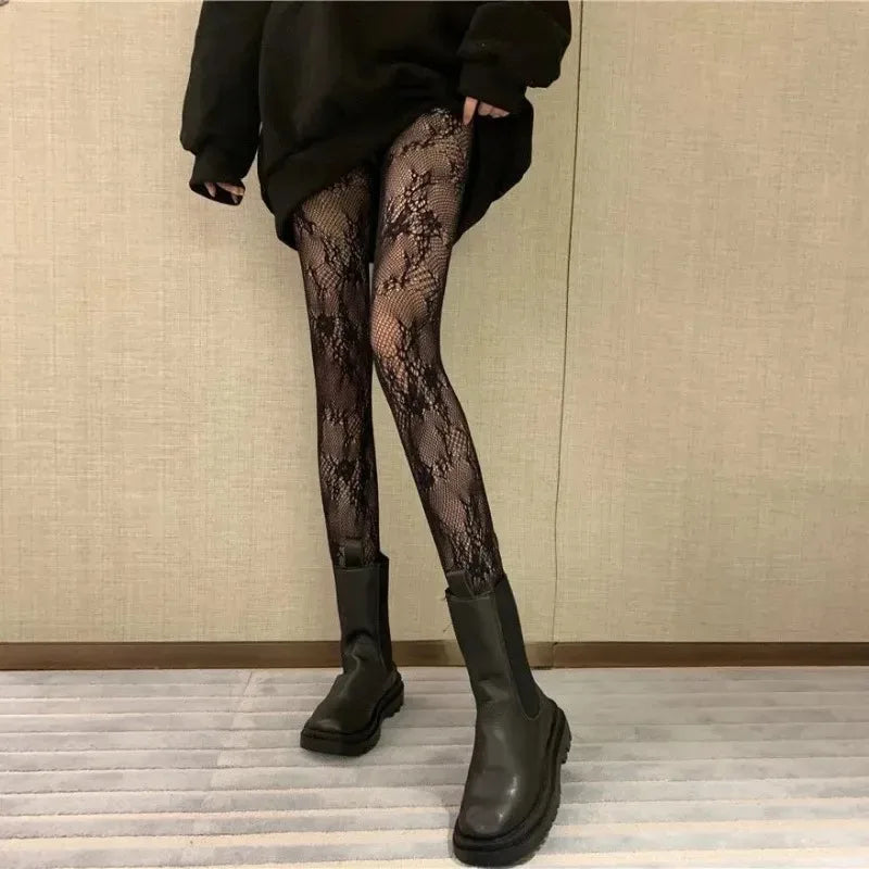 Lolita Lace Mesh Pantyhose – Floral Jacquard Fishnet Tights Lace Fishnet Tights Babs