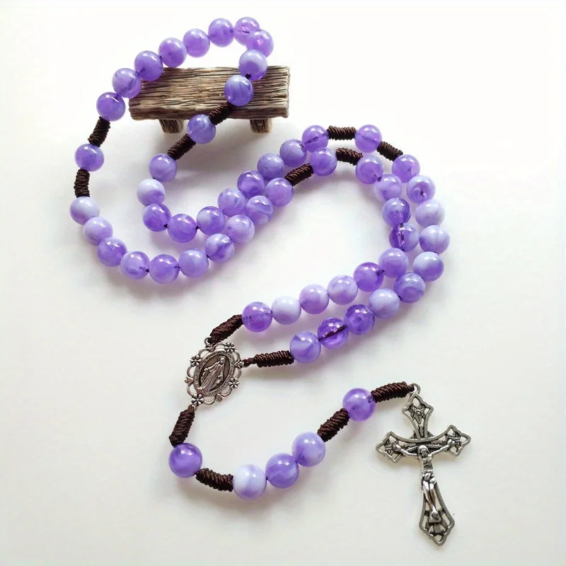 Catholic Hand Braided Rosary Beads Necklace – Cross Pendant Gift Rosary Beads Necklace Babs purple